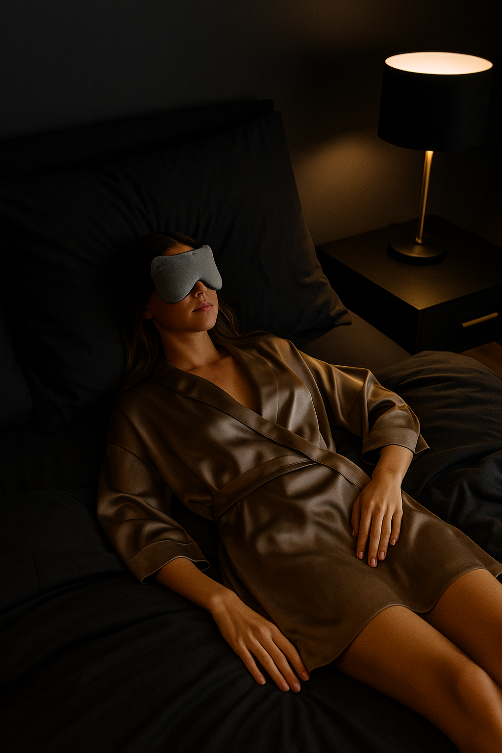 Woman peacefully sleeping with luxury weighted sleep mask in bed – stress-relieving nighttime comfort for deeper rest