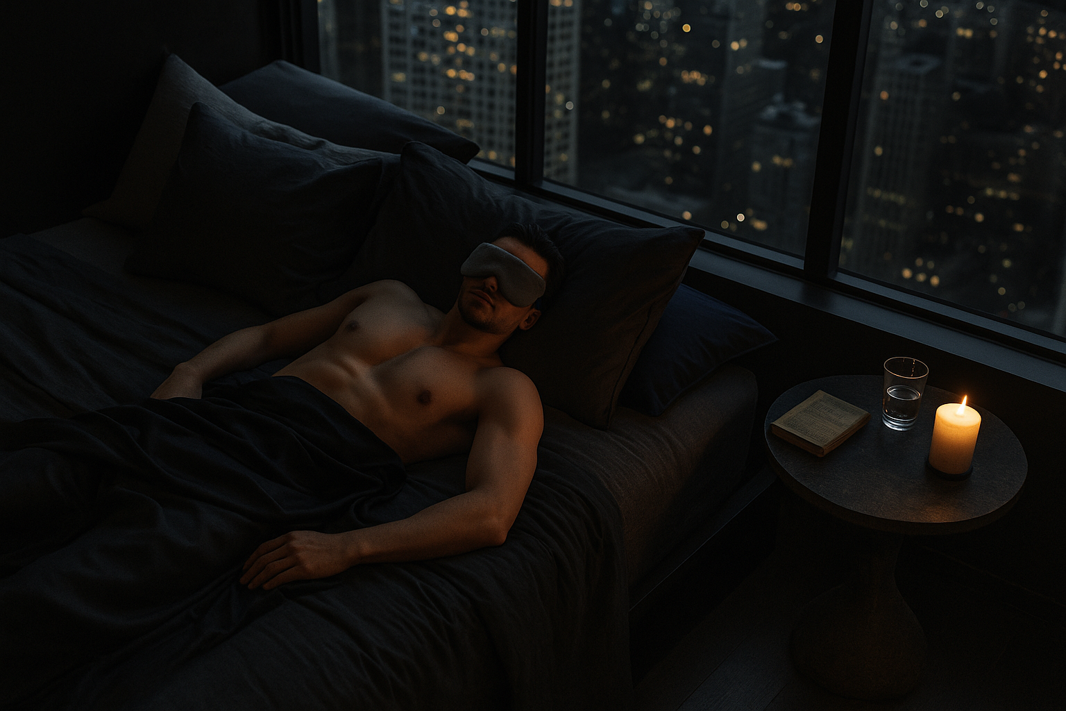 Man resting with weighted sleep mask in bed – premium sleep aid for relaxation, focus, and improved recovery